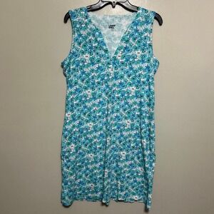 Lands End Dress M 10-12 Blue Floral Sleeveless Knit 100% Cotton Coastal Vacation